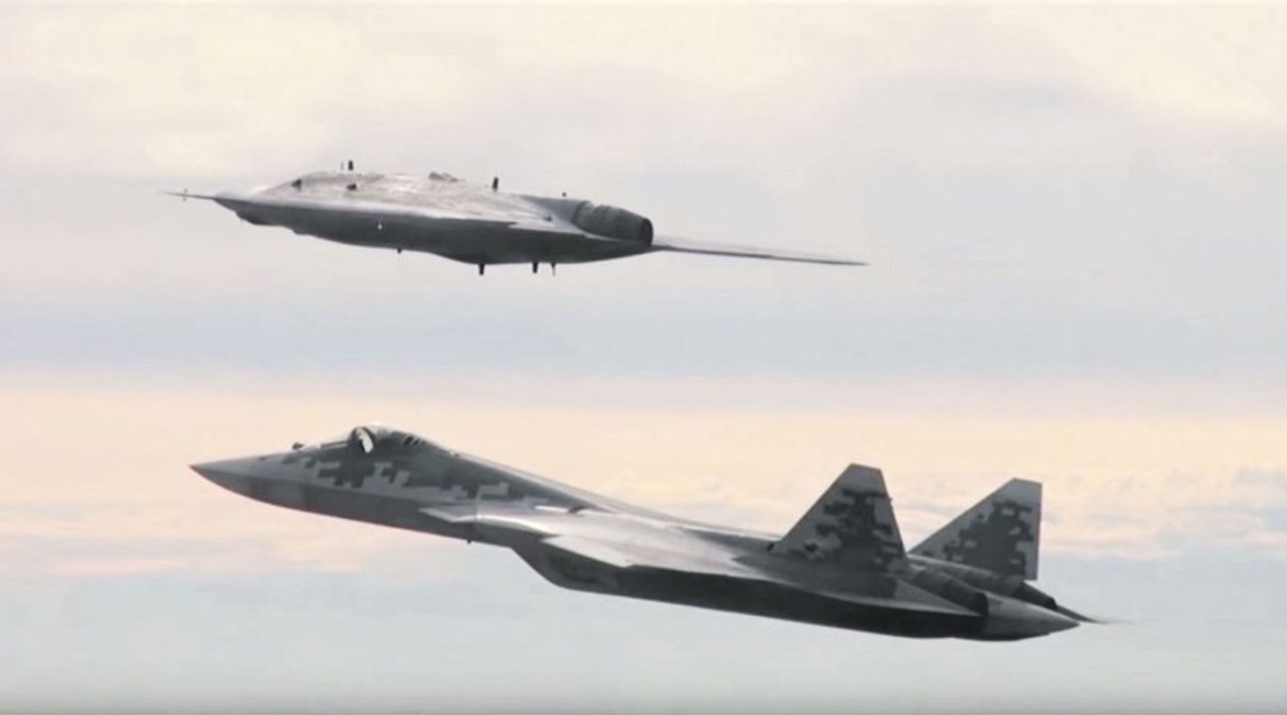 Russia's stealthy Okhotnik heavy UAV conducting a manned/unmanned teaming test flight with an Su-57 fighter. In 2020 the Russian MoD gave priority to unmanned aviation and received its first serial production Su-57.