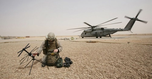 A US Marine Corps field radio operator from the 26th Marine Expeditionary Unit sets up satellite communication at Camp Korean Village, Iraq in 2008.