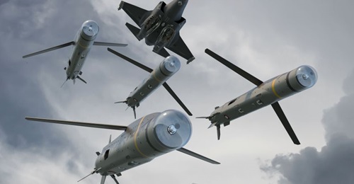 Computer-generated image of a swarm of SPEAR network-enabled medium-to-long-range air-to-surface missile systems being fired from an F-35.