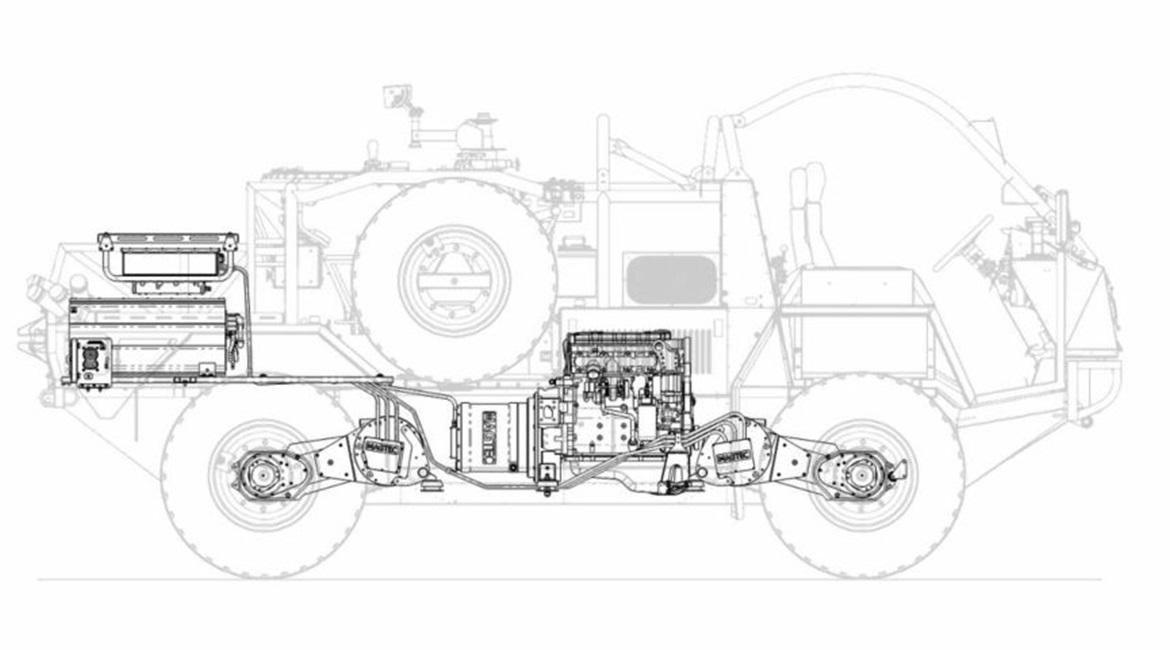 Side drawing of the Jackal 1 4x4 hybrid electric drive, which has a Cummins four-cylinder diesel coupled to a Magtec generator.