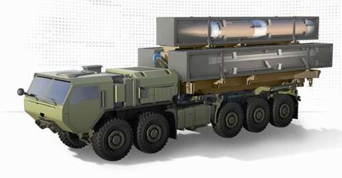 Computer-generated image of the Lockheed Martin OpFires launcher. A throttleable motor and off-road operability furnishes the hypersonic OpFires system with an agility to rapidly engage critical, time-sensitive, medium-range threats.