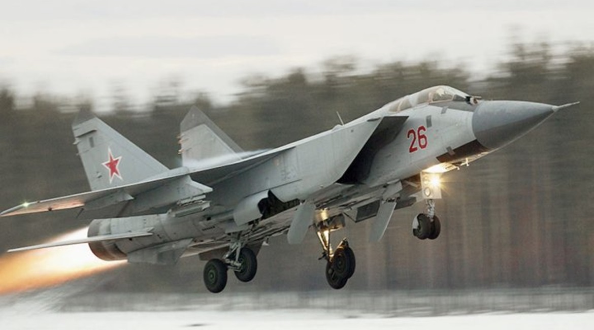 A MiG-31 interceptor departs on a sortie. The VKS aims to field a replacement being developed under the PAK DP programme by the late 2020s.