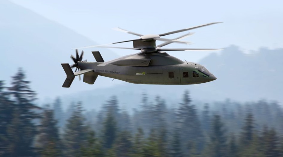 Artist's illustration of Sikorsky-Boeing's Defiant X rigid co-axial rotorcraft the team is offering for the US Army's FLRAA programme. The V-shaped vertical stabiliser design is a modification of the SB>1 Defiant technology demonstrator design.