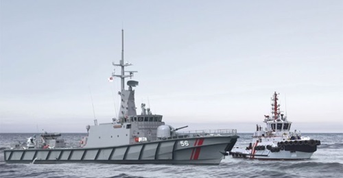 A computer-generated depiction of the Maritime Security and Response Flotilla's Sentinel-class vessel (left) and response tugboat.