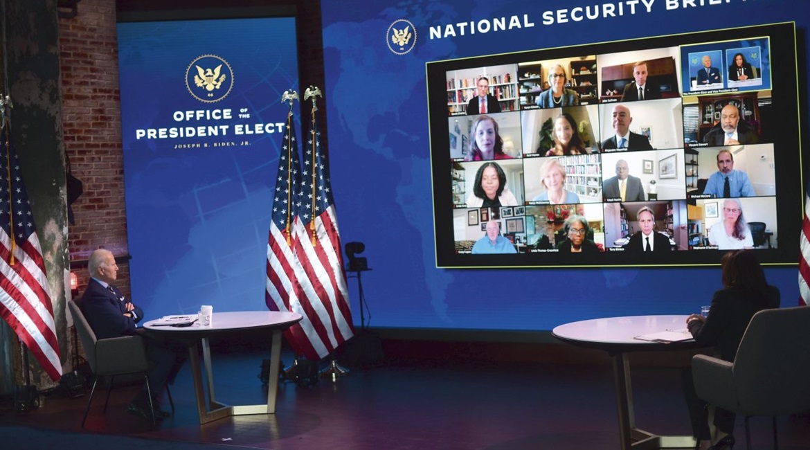 Then President-elect Joe Biden and Vice-President-elect Kamala Harris are briefed by expert members of Biden's national security and foreign policy agency review teams at the Queen Theater on 28 December 2020 in Wilmington, Delaware. No major cyber att...
