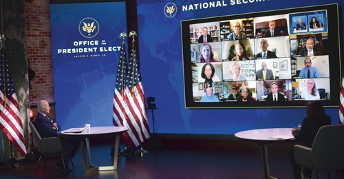 Then President-elect Joe Biden and Vice-President-elect Kamala Harris are briefed by expert members of Biden's national security and foreign policy agency review teams at the Queen Theater on 28 December 2020 in Wilmington, Delaware. No major cyber att...