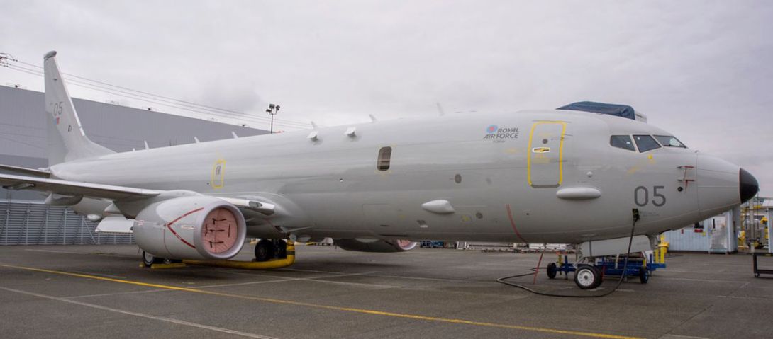 The fifth of nine Boeing P-8A Poseidon MRA1 maritime multi-mission aircraft (MMA) for the Royal Air Force (RAF), aircraft ZP805 named Fulmar, seen in the US prior to its delivery to the United Kingdom on 2 February 2021. (Boeing)