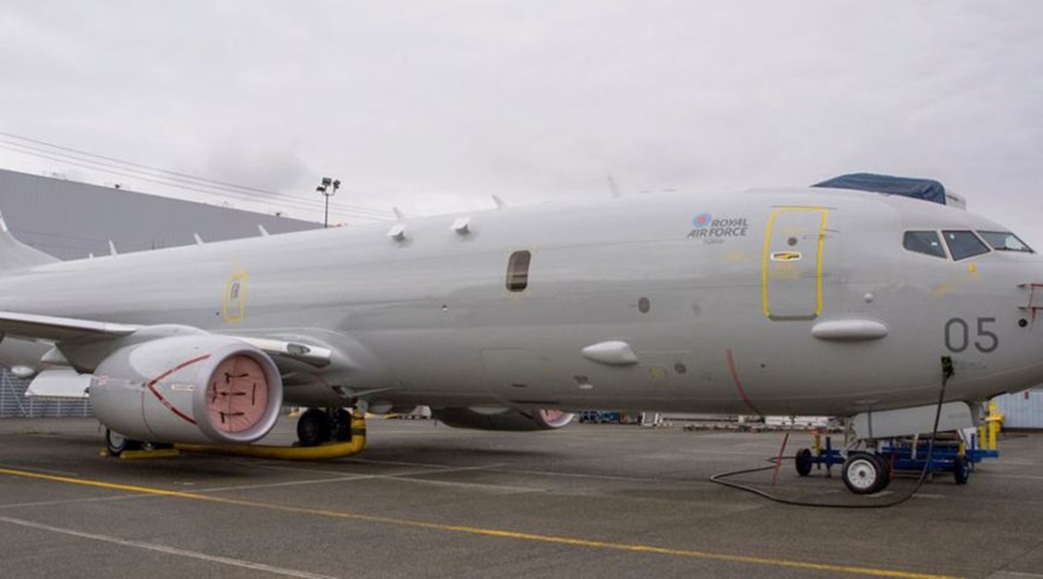 The fifth of nine Boeing P-8A Poseidon MRA1 maritime multi-mission aircraft (MMA) for the Royal Air Force (RAF), aircraft ZP805 named Fulmar, seen in the US prior to its delivery to the United Kingdom on 2 February 2021.