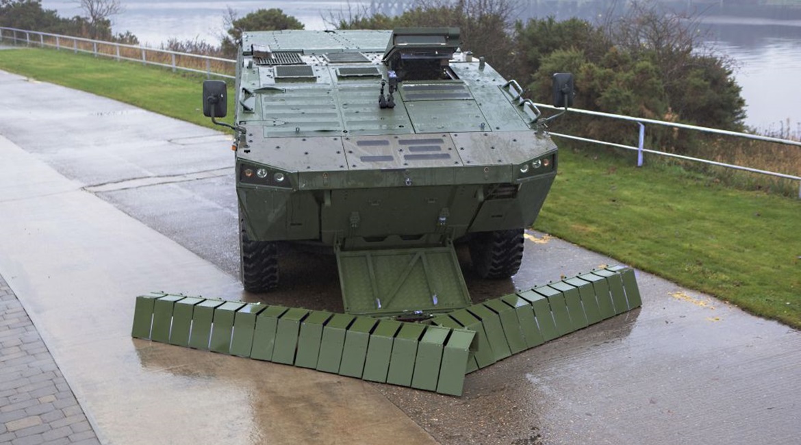 Threat-Sense and Threat-Pathway shown on a representative AFV. The systems can be fitted to many military vehicles and provide an organic capability to self-extract from a position where mines prevent further manoeuvre.