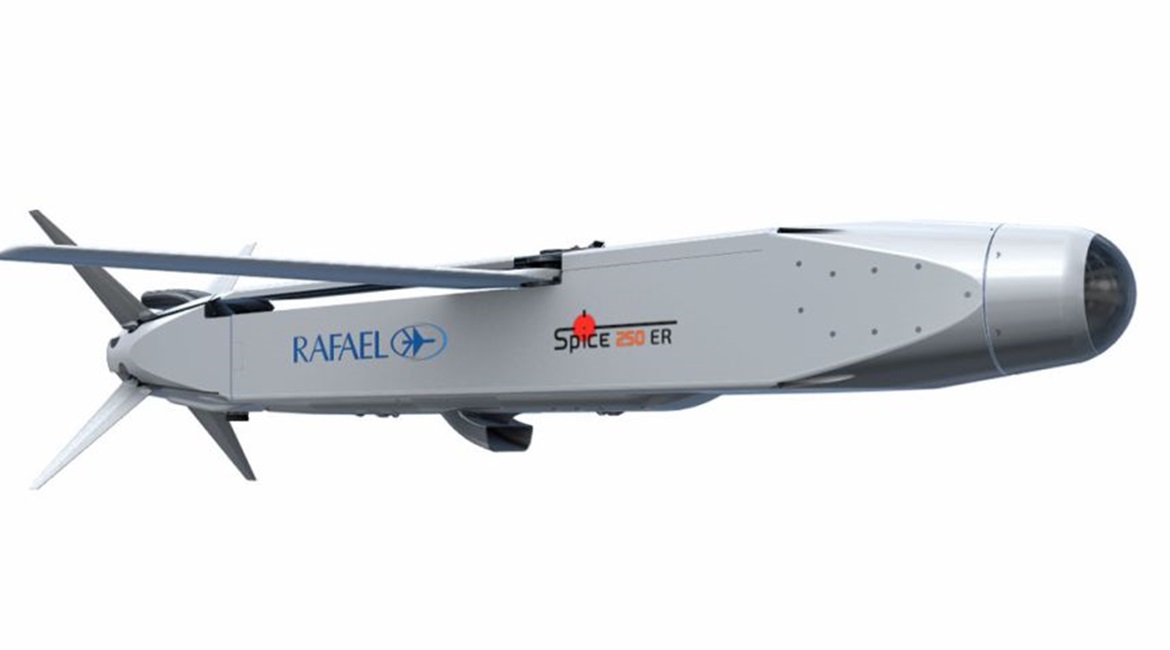 Externally identical to the unpowered SPICE 250 glide munition, the SPICE 250 ER is furnished with a micro-turbojet engine. Note the retractable air intake on the underside of the weapon, and the aft exhaust vent for the ER variant.