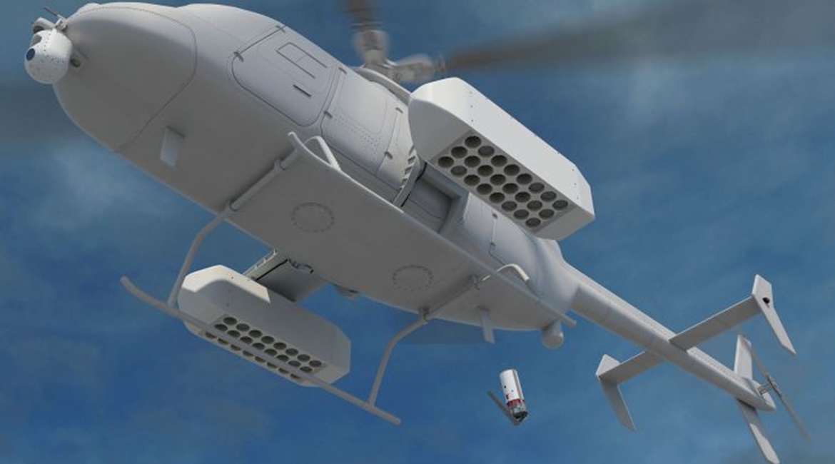 An artist's impression of a Fire Scout unmanned helicopter dropping a sonobuoy from one of two external pods.