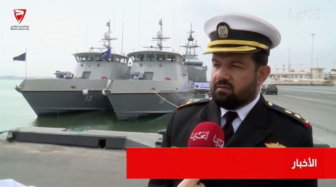 Bahrain's two new Swiftships FPV35s during their commissioning at the Manama naval base with RBNS 
        
         in the background.