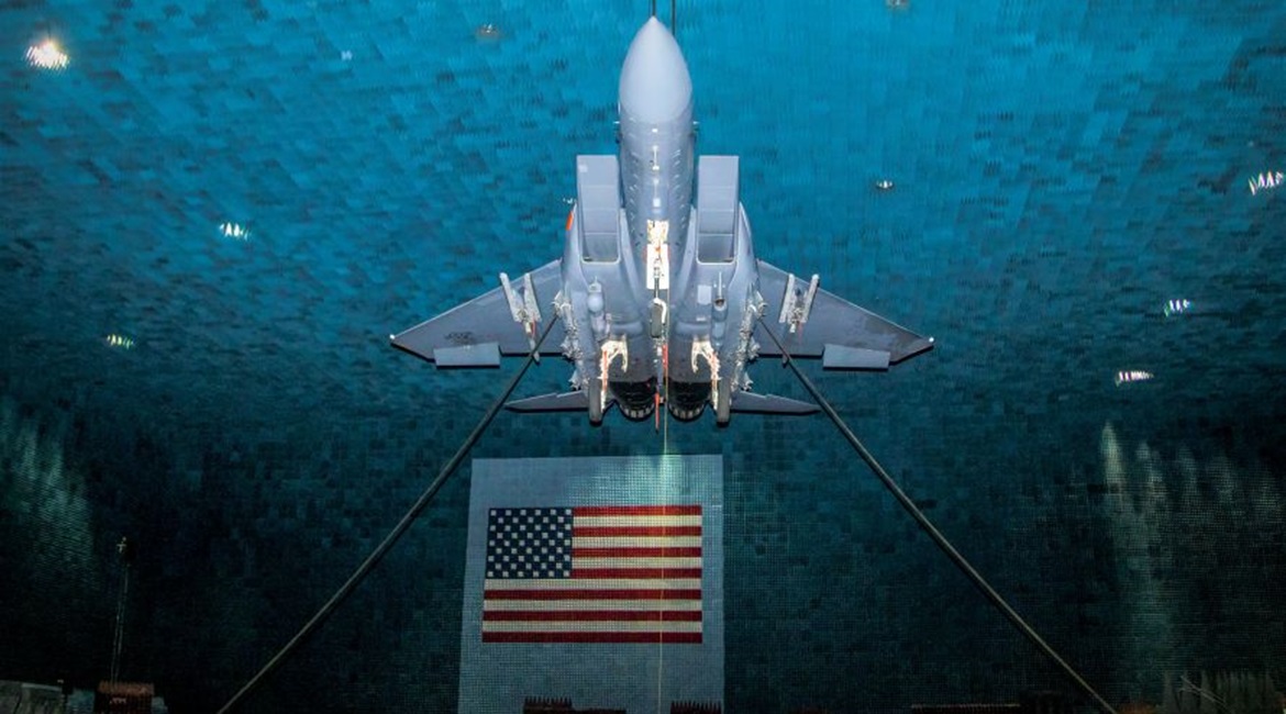 An F-15 undergoes testing for a defensive electronic warfare (EW) system at Edwards Air Force Base, California