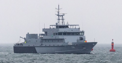 The 60 m coastal patrol vessel sails into Mukran port on 19 January 2021 ahead of its delivery to the Egyptian Navy.