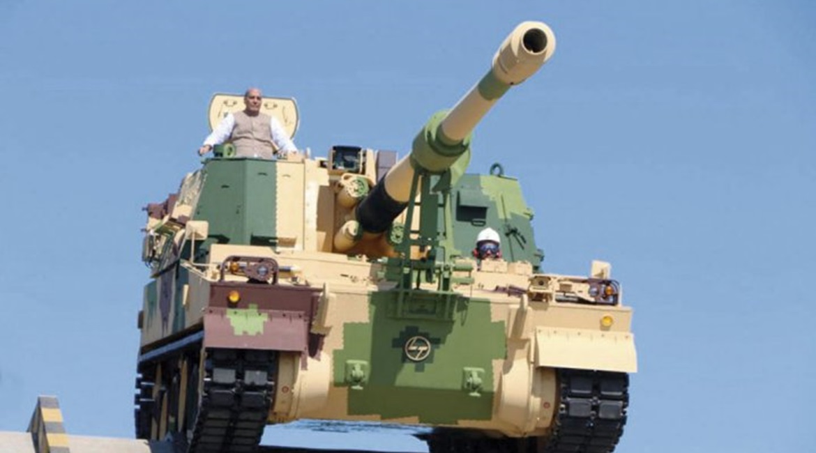 Indian Defence Minister Rajnath Singh on a K9 Vajra-T SPH during a visit to L&T's Armoured System Complex in January 2020. L&T announced on 18 February 2021 that it has completed deliveries of all 100 K9 Vajra-Ts ordered for the Indian Army in May 2017.