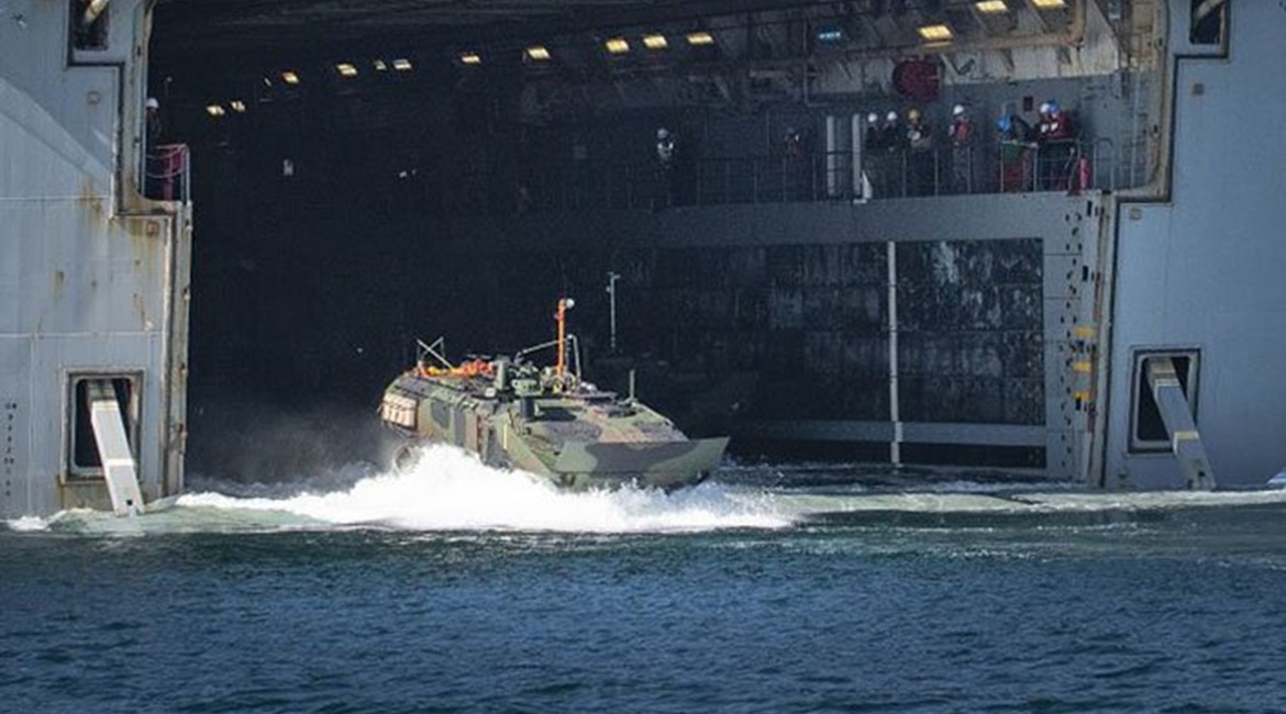 An ACV heads into the water. BAE Systems recently delivered the first ACV command and control variant to the USMC.