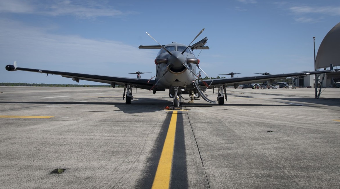 A U-28A assigned to the 319th Special Operations Squadron parked on the flight line at Hurlburt Field, Florida, on 12 August 2020. The aircraft, a modified Pilatus PC-12 turboprop utility aircraft, has reached 600,000 flight hours in USAF service.