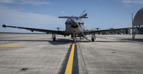 A U-28A assigned to the 319th Special Operations Squadron parked on the flight line at Hurlburt Field, Florida, on 12 August 2020. The aircraft, a modified Pilatus PC-12 turboprop utility aircraft, has reached 600,000 flight hours in USAF service.
