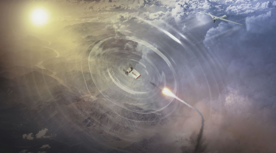 An artist's impression of the BriteCloud expendable decoy saving an MQ-9 UAV from a surface-launched radar guided missile.