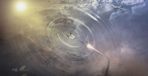 An artist's impression of the BriteCloud expendable decoy saving an MQ-9 UAV from a surface-launched radar guided missile.