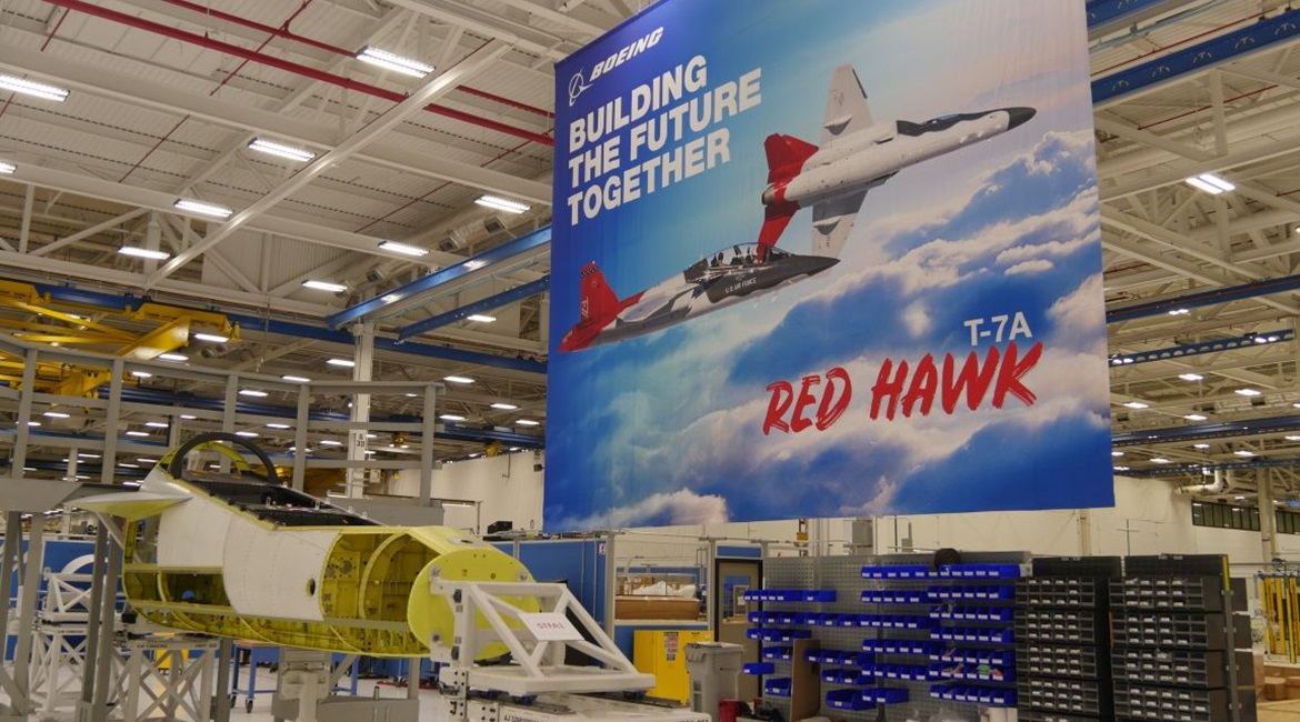 Boeing's roughly 90% assembled static test article forward fuselage for its T-7A Red Hawk jet trainer at its St Louis, Missouri, factory.
