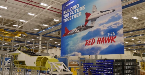 Boeing's roughly 90% assembled static test article forward fuselage for its T-7A Red Hawk jet trainer at its St Louis, Missouri, factory.