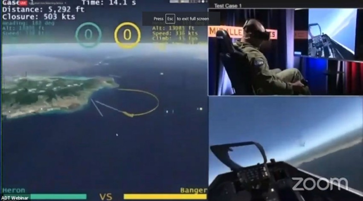 A screenshot of an AlphaDogfight demonstration where a US Air Force pilot battled an AI air combat algorithm