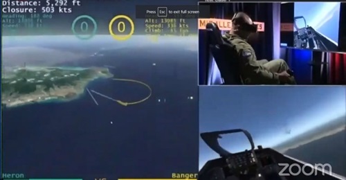 A screenshot of an AlphaDogfight demonstration where a US Air Force pilot battled an AI air combat algorithm