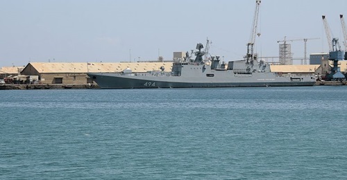 The Russian frigate 
        
         docked in Port Sudan on 1 March, the same day USS 
        
         arrived.