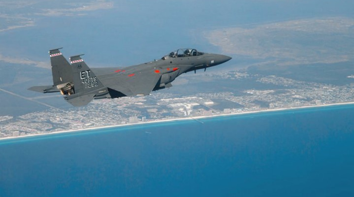 An EPAWSS-equipped F-15 Eagle making its initial flight in April 2019.