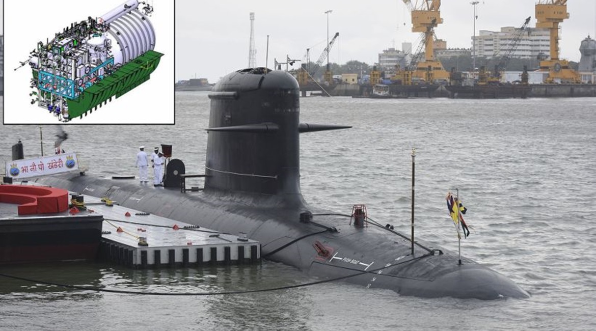INS 
        
        , the second of six Project 75 Kalvari-class submarines, pictured just prior to its commissioning in September 2019. The Indian Navy plans to retrofit the DRDO's phosphoric acid fuel cell AIP system to the class during re...
