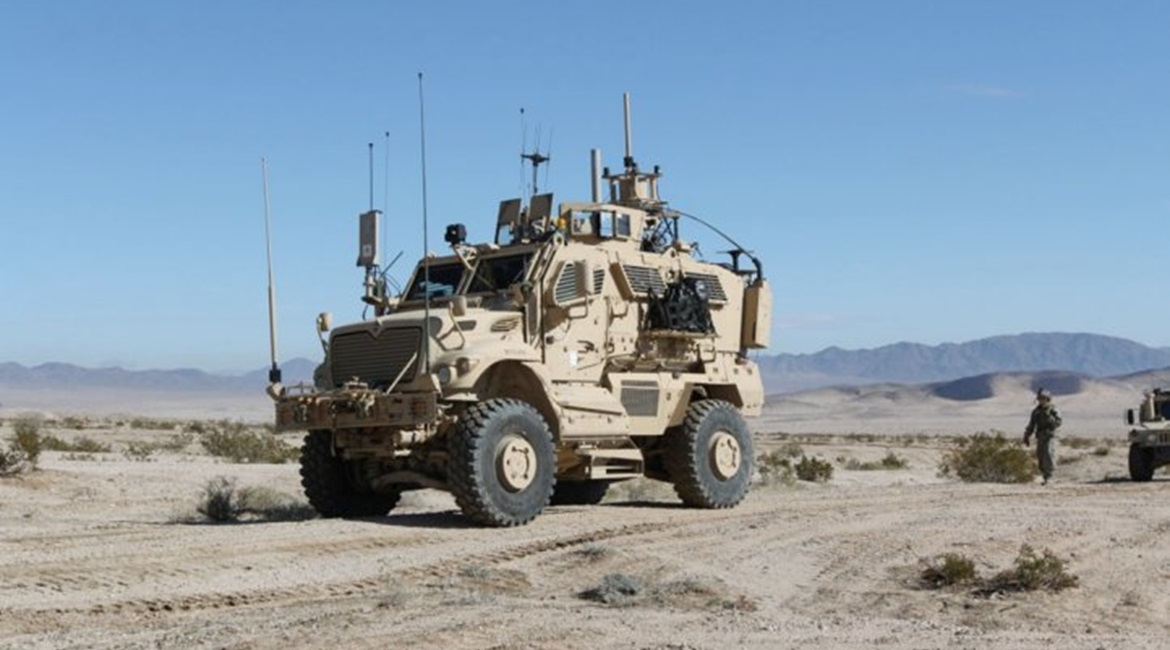 A US Army tactical vehicle conducts training operations at Fort Irwin, California.