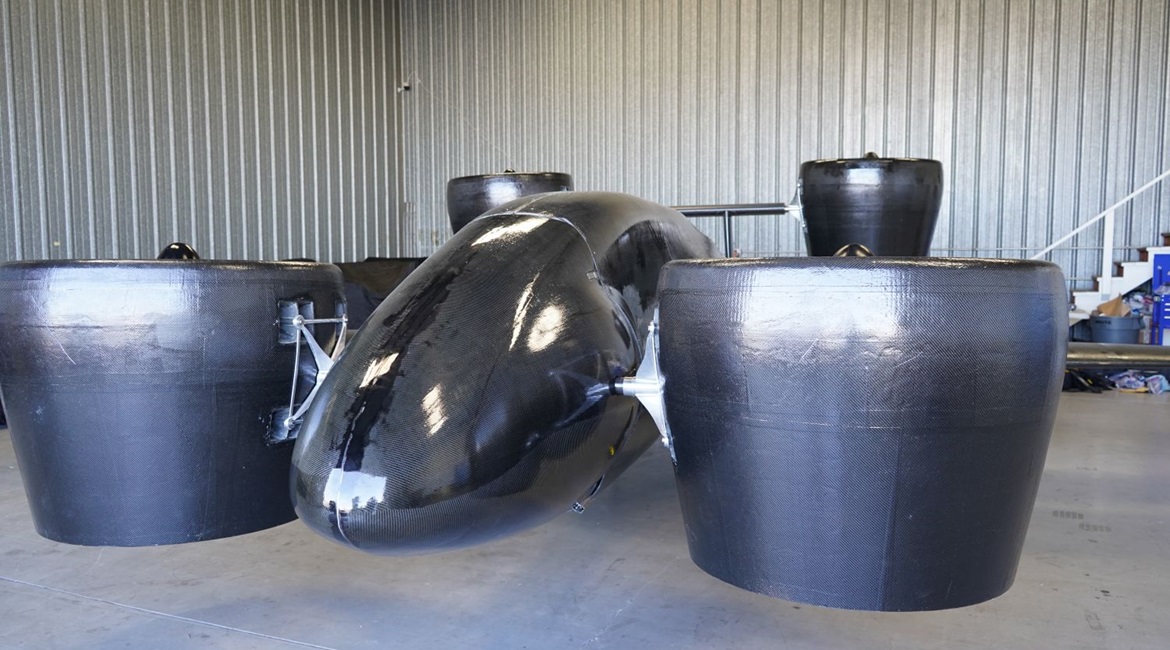 A half-scale prototype of Sabrewing Aircraft's Rhaegal unmanned heavy-lift, long-range cargo aircraft. The company plans to deliver its first four full-sized Rhaegal-B aircraft to the Arabian Development and Marketing Co by December, despite not having...