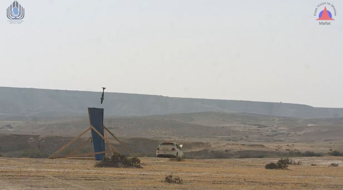 A still from a video shows an Iron Sting mortar round accurately hitting a target during trials.