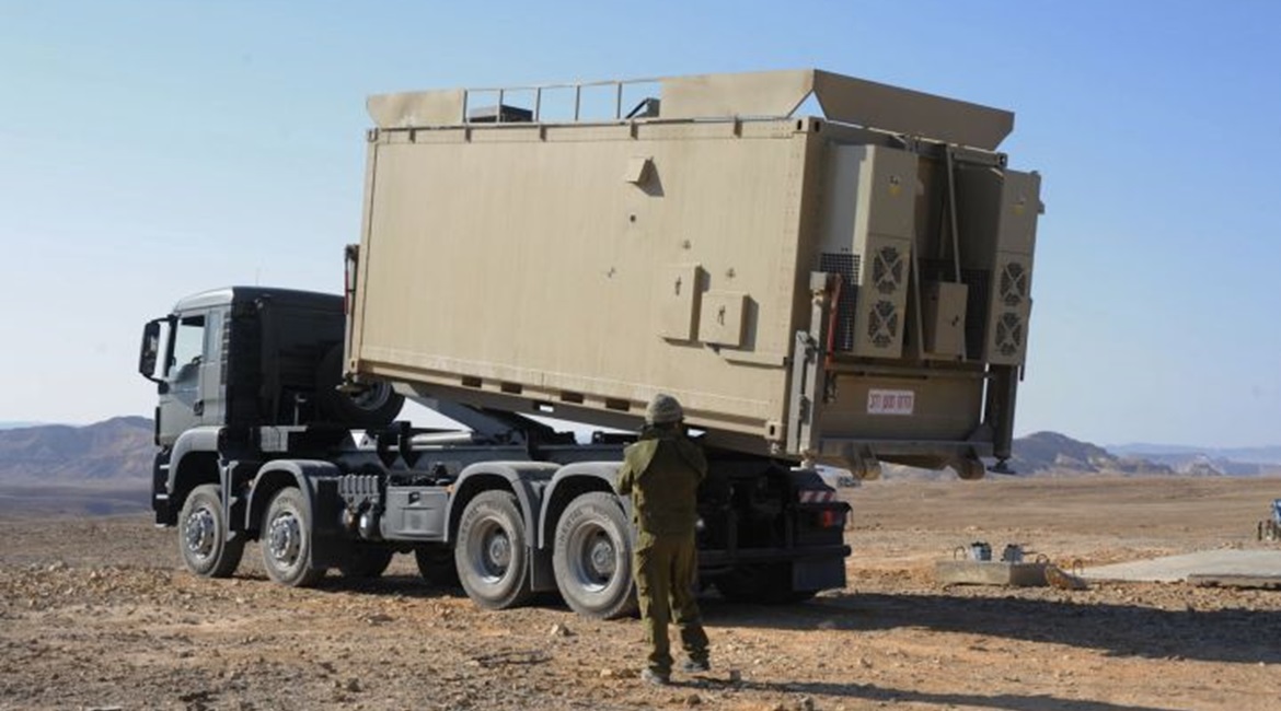 An Iron Dome BMC being unloaded as part of a battery deployment in southern Israel.