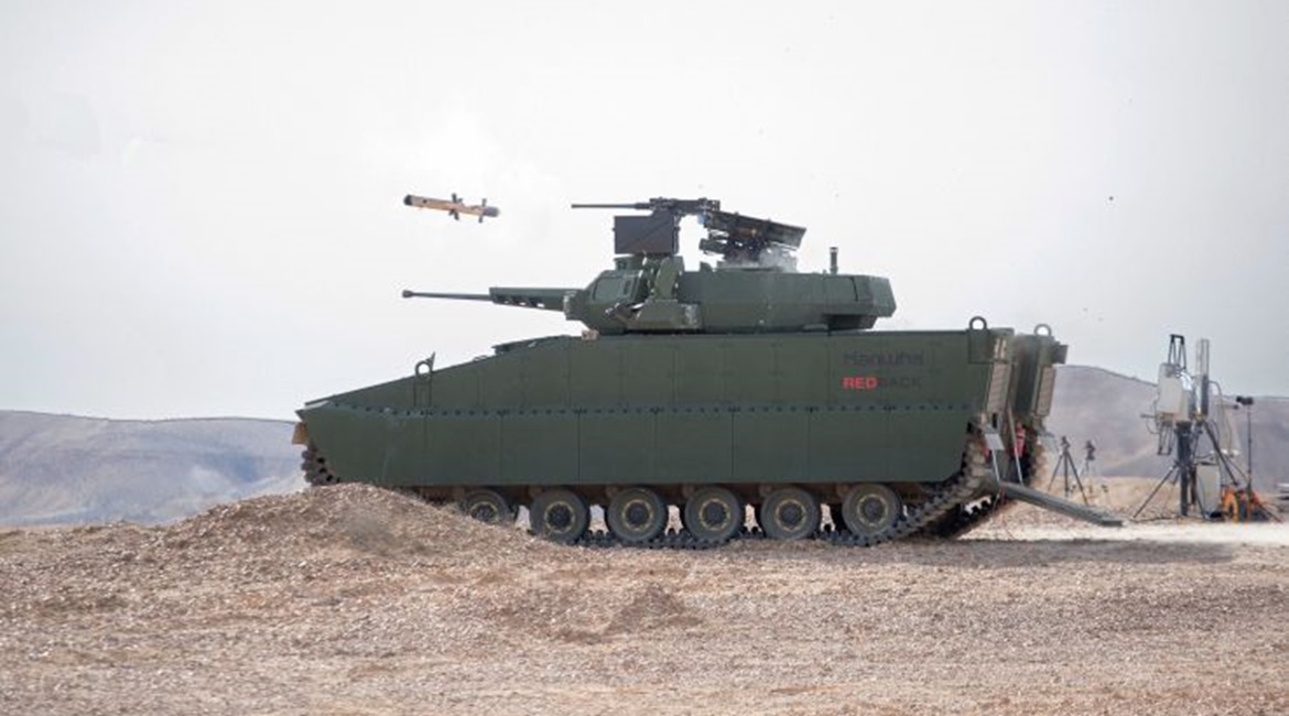 Hanwha Defense Australia's Redback IFV test-firing a Rafael Advanced Defense Systems Spike LR2 ATGM in February 2021.
