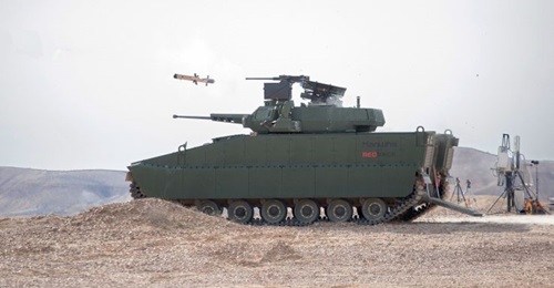 Hanwha Defense Australia's Redback IFV test-firing a Rafael Advanced Defense Systems Spike LR2 ATGM in February 2021.