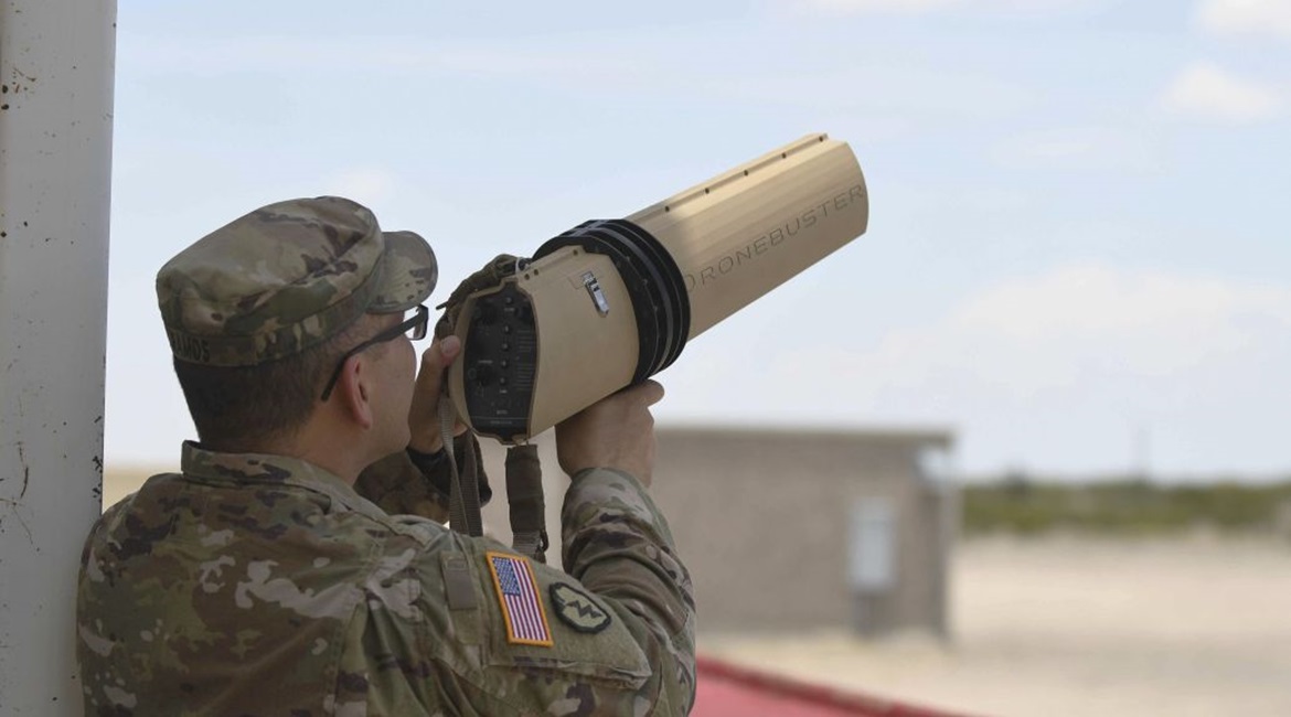A US Army soldier tests a counter unmanned aerial system (C-UAS) device at McGregor Range Complex, New Mexico.