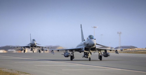 RAF Typhoons loaded with Storm Shadow cruise missiles take off from RAF Akrotiri in Cyprus to carry out a strike against Islamic State cave complexes in northern Iraq on 10 March.