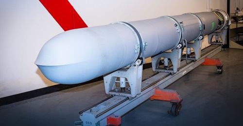 A Block V Tomahawk off the recertification production line at Raytheon's Camden, Arkansas, facility in March 2021.