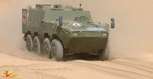 A screengrab from CCTV footage released on 25 March showing the new amphibious medevac armoured vehicle that recently entered service with the PLAGF's Xinjiang Military Command.