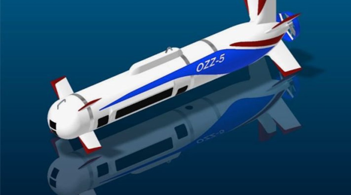 A computer-generated image of MHI's OZZ-5 autonomous underwater mine countermeasure vehicle.