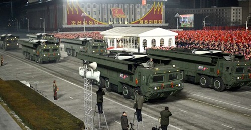 One of the road-mobile SRBM systems paraded by North Korea on 14 January in Pyongyang. The new system, apparently a variant of the KN-23, is believed to have been test-fired on 25 March.