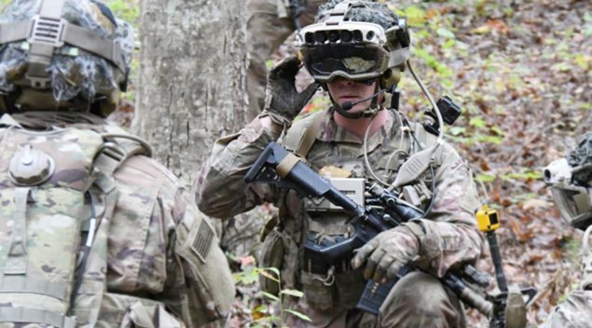 Soldiers from the 82nd Airborne Division use the latest IVAS prototype during a training exercise in October 2020. The US Army has awarded Microsoft with a production contract.