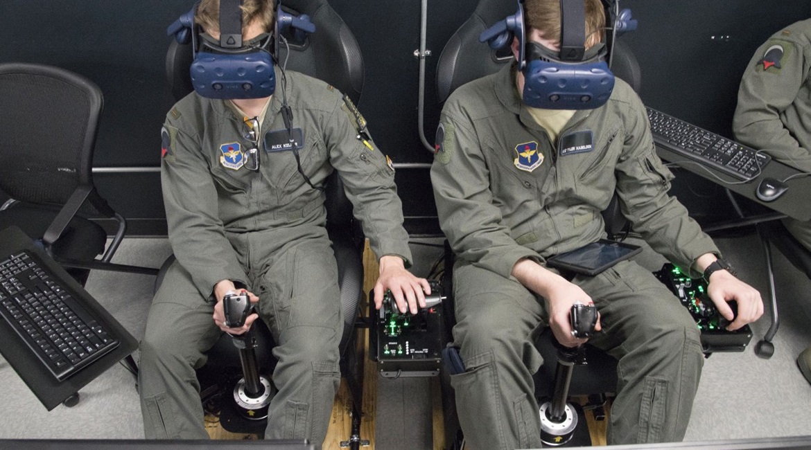 US Air Force training pilots use an AI-enabled virtual reality flight simulation system in Austin, Texas.