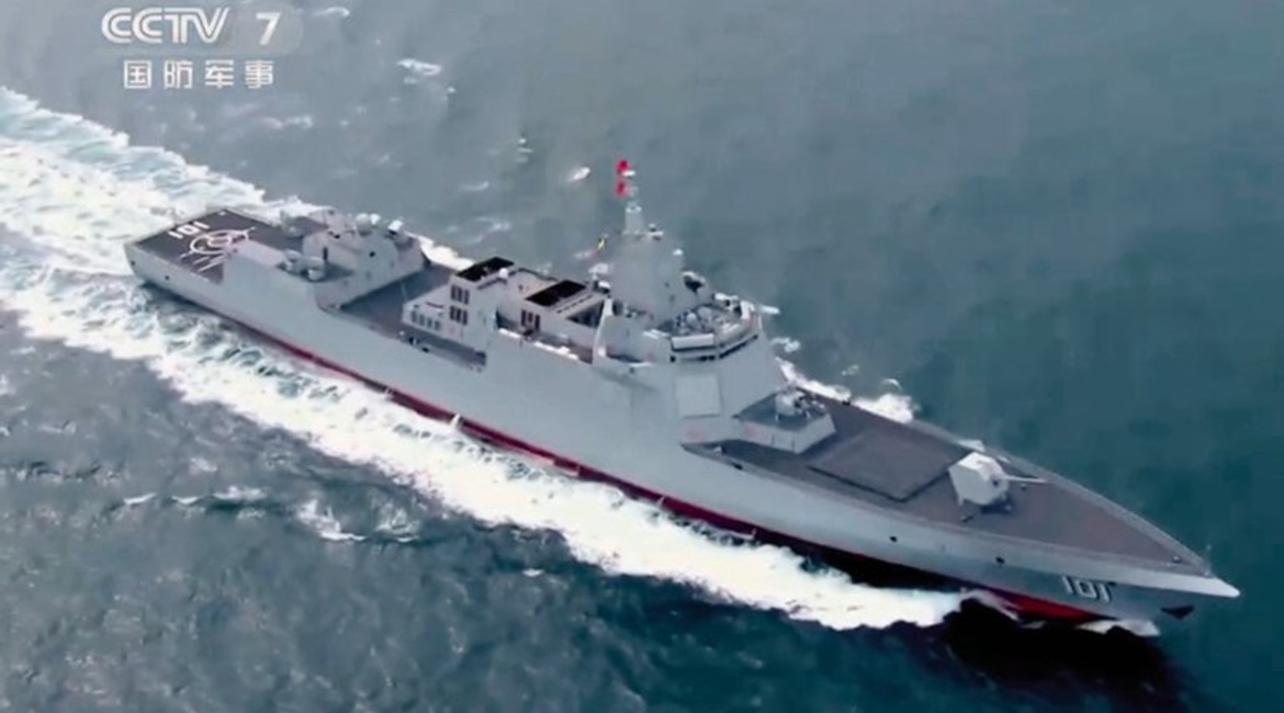 A screengrab from CCTV 7 video footage released on 6 October 2020 showing PLAN Type 055-class destroyer 
        
        . The vessel recently joined the escort group for aircraft carrier 
        
        for the first time.