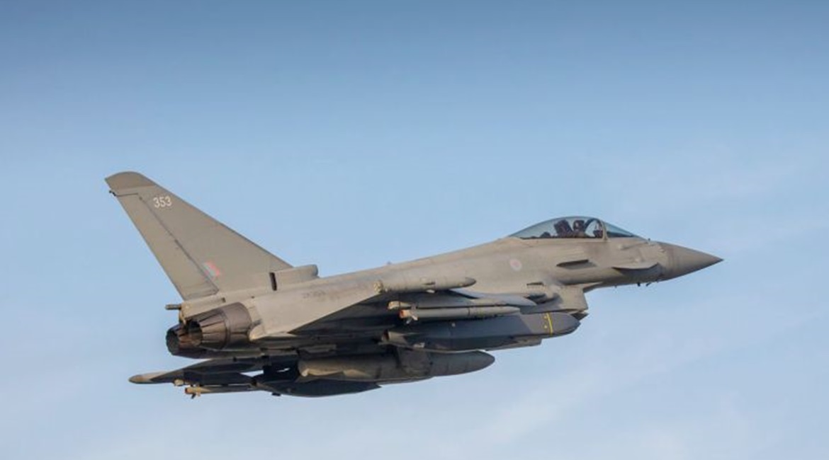 An RAF Typhoon carrying a pair of Storm Shadows on what was the aircraft's first operational use of the long-range cruise missile.