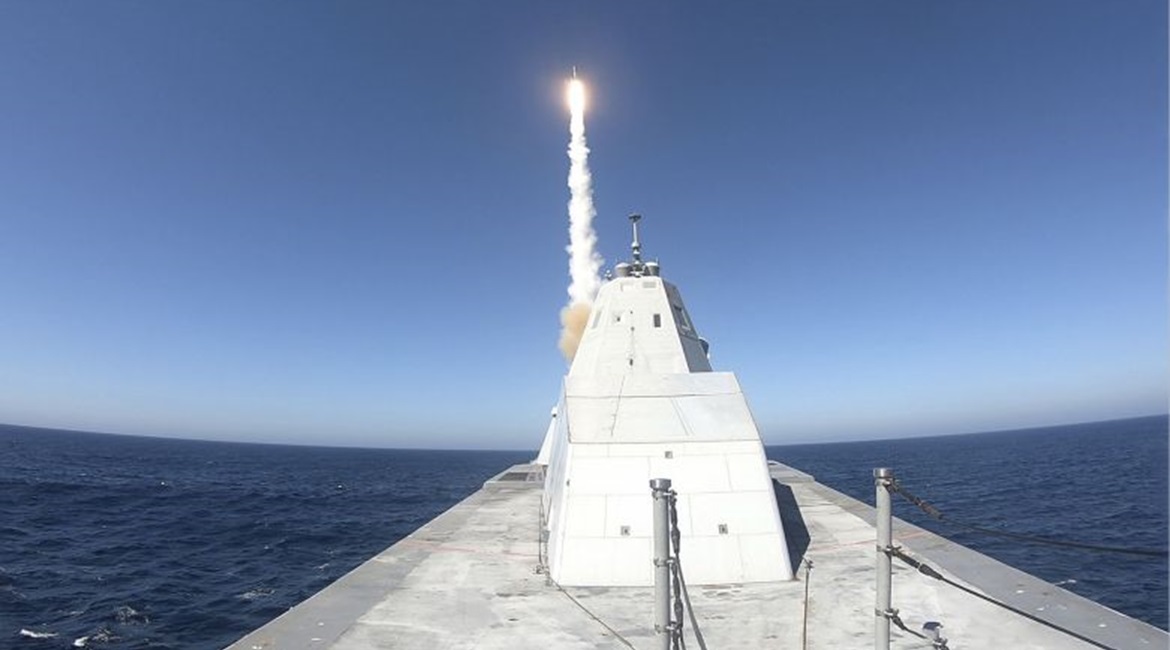 The 
        
         (DDG-1000) test fires an SM-2 missile from the MK 57 Vertical Launch System
