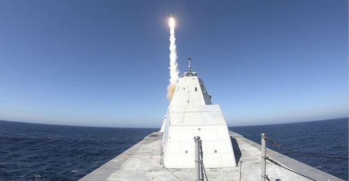 The 
        
         (DDG-1000) test fires an SM-2 missile from the MK 57 Vertical Launch System