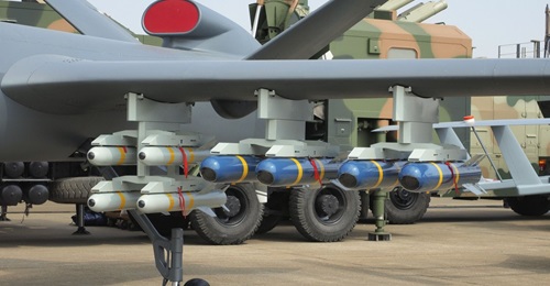 A CH-5 UAV at Airshow China 2016, fitted with four AR-1 (blue) and four AR-2 (white) missiles. The Indonesian Air Force test-fired the AR-1 missiles from its CH-4 UAVs in 2019, and recently took delivery of an initial batch of of AR-2s.